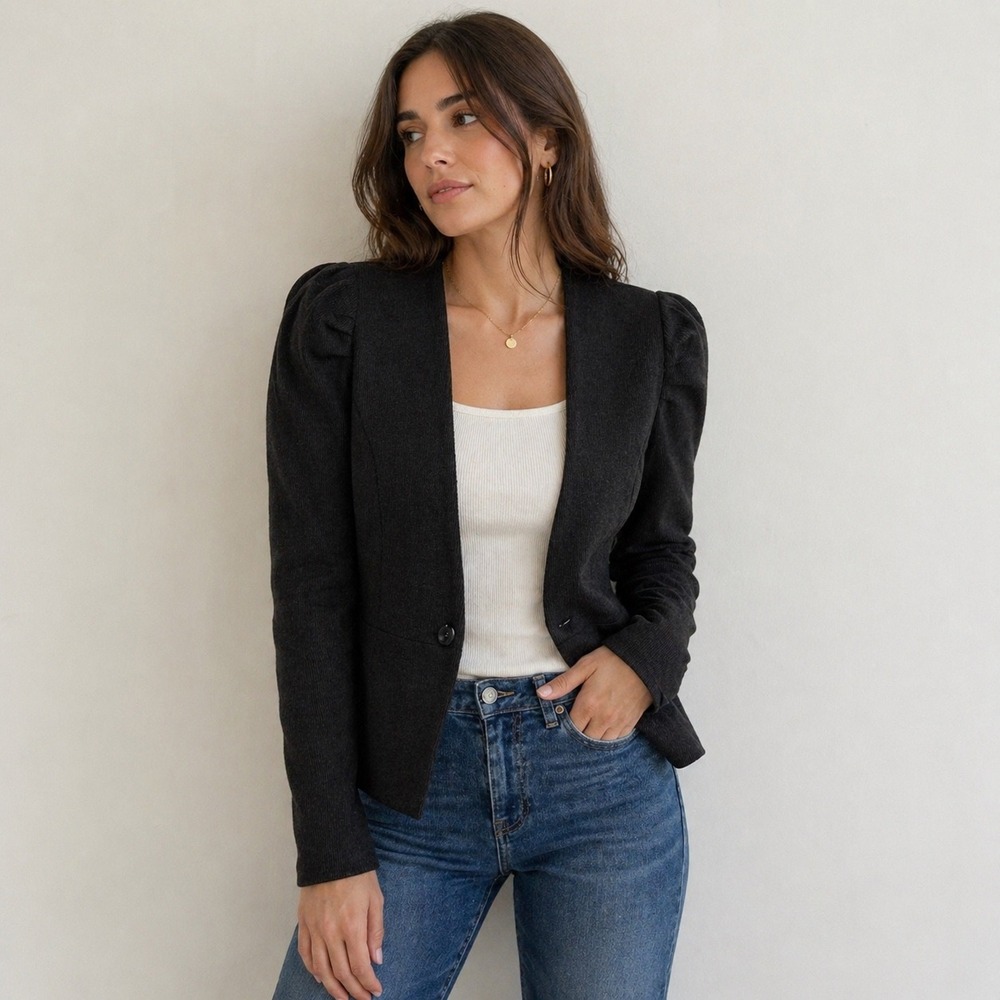 Greylin Black Knit Puff Sleeve Blazer‎ Jacket Small Open Front Stretch Minimal